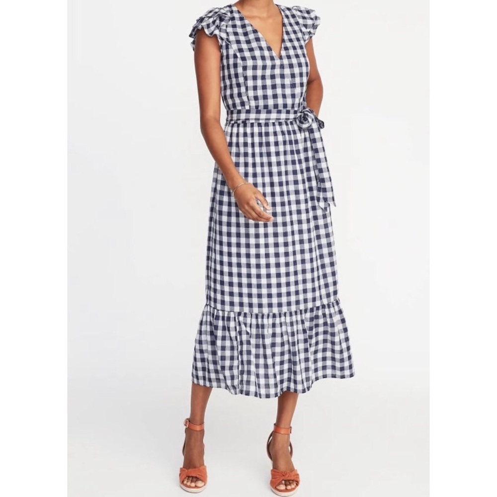 Waist-Defined Wrap-Front Gingham Midi dress